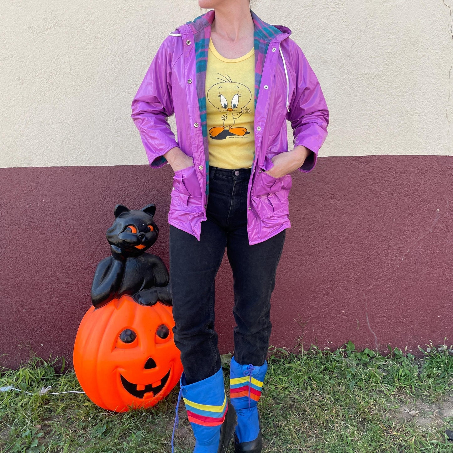 vtg 80s VINYL RAIN JACKET // vintage bright purple hooded autumn stranger things grunge pvc wet look shiny waterproof quilted parka plaid