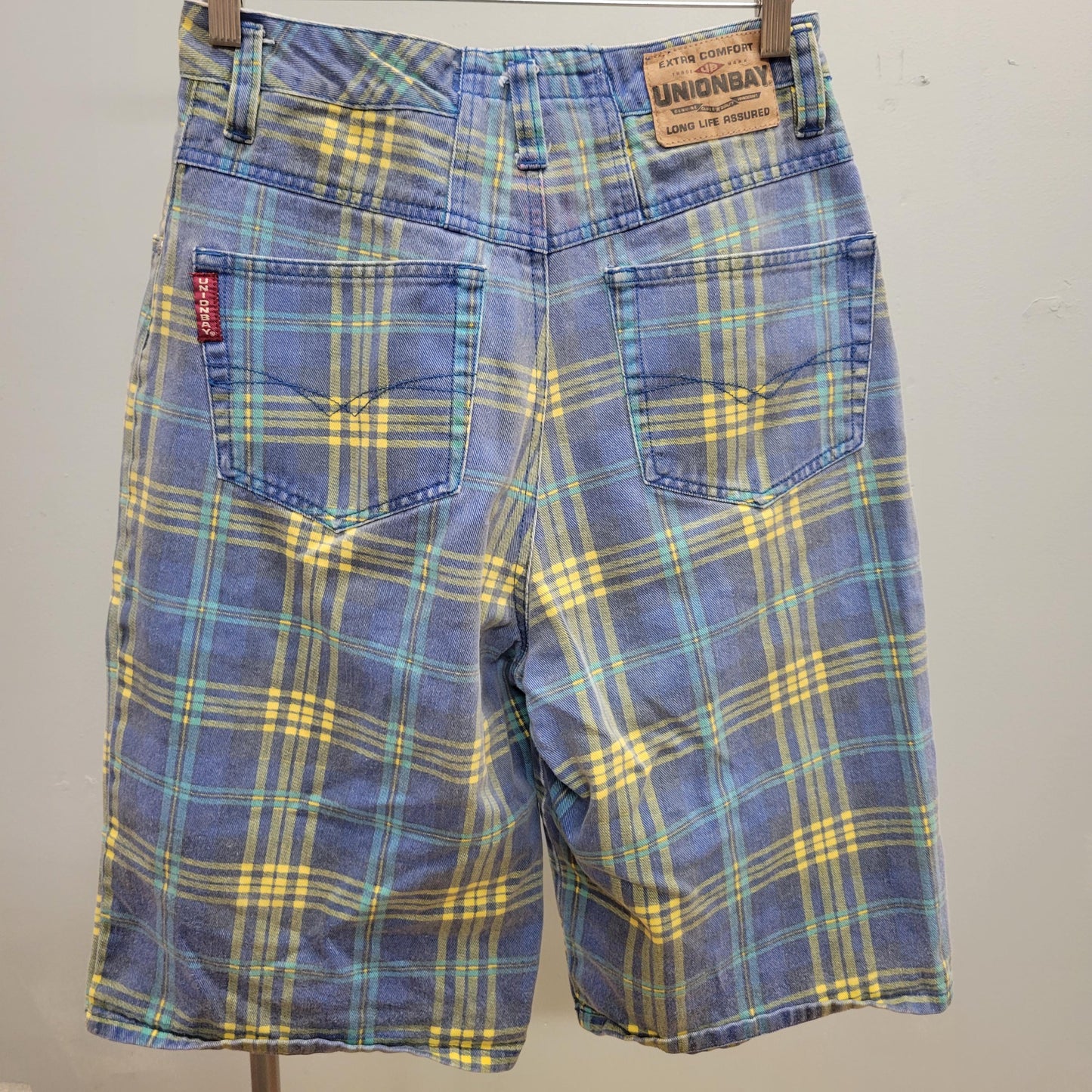 vtg 90s PLAID UNIONBAY baggy SHORTS // vintage pastel blue & yellow denim jorts retro grunge girl unisex hip hop cute casual plaid pants