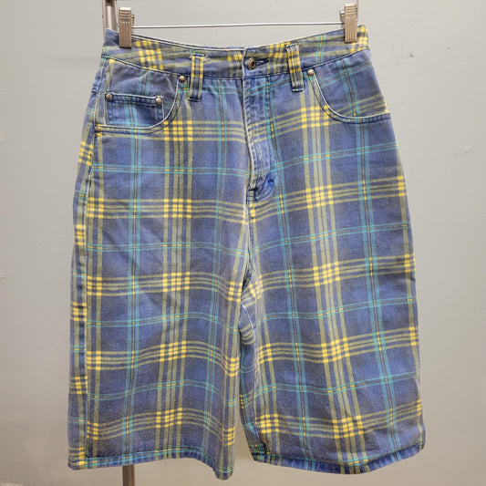 vtg 90s PLAID UNIONBAY baggy SHORTS // vintage pastel blue & yellow denim jorts retro grunge girl unisex hip hop cute casual plaid pants