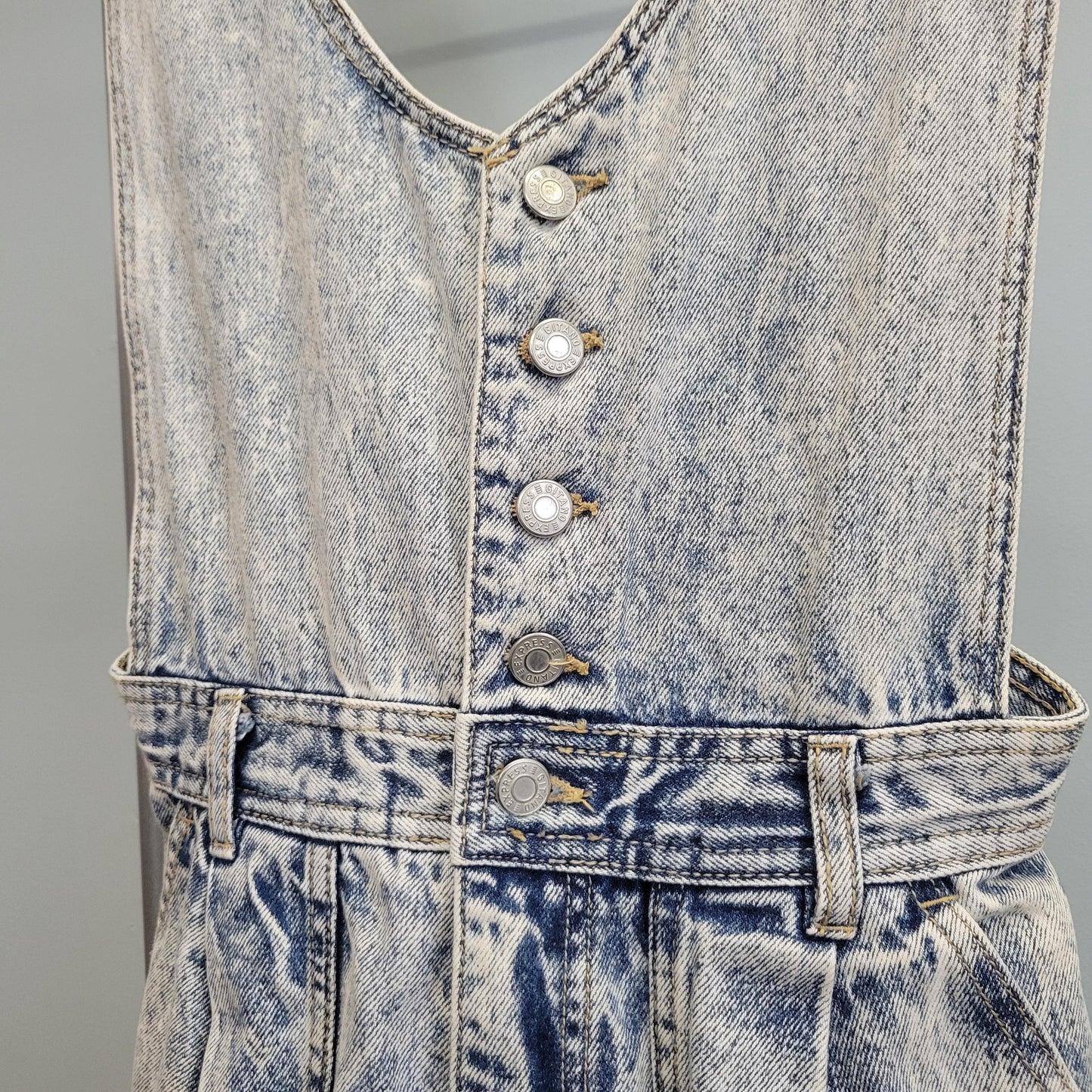 vtg 80s ACID WASH OVERALLS // vintage light wash denim v neck plunge madonna style belted button up denim catsuit straight leg boot cut cute