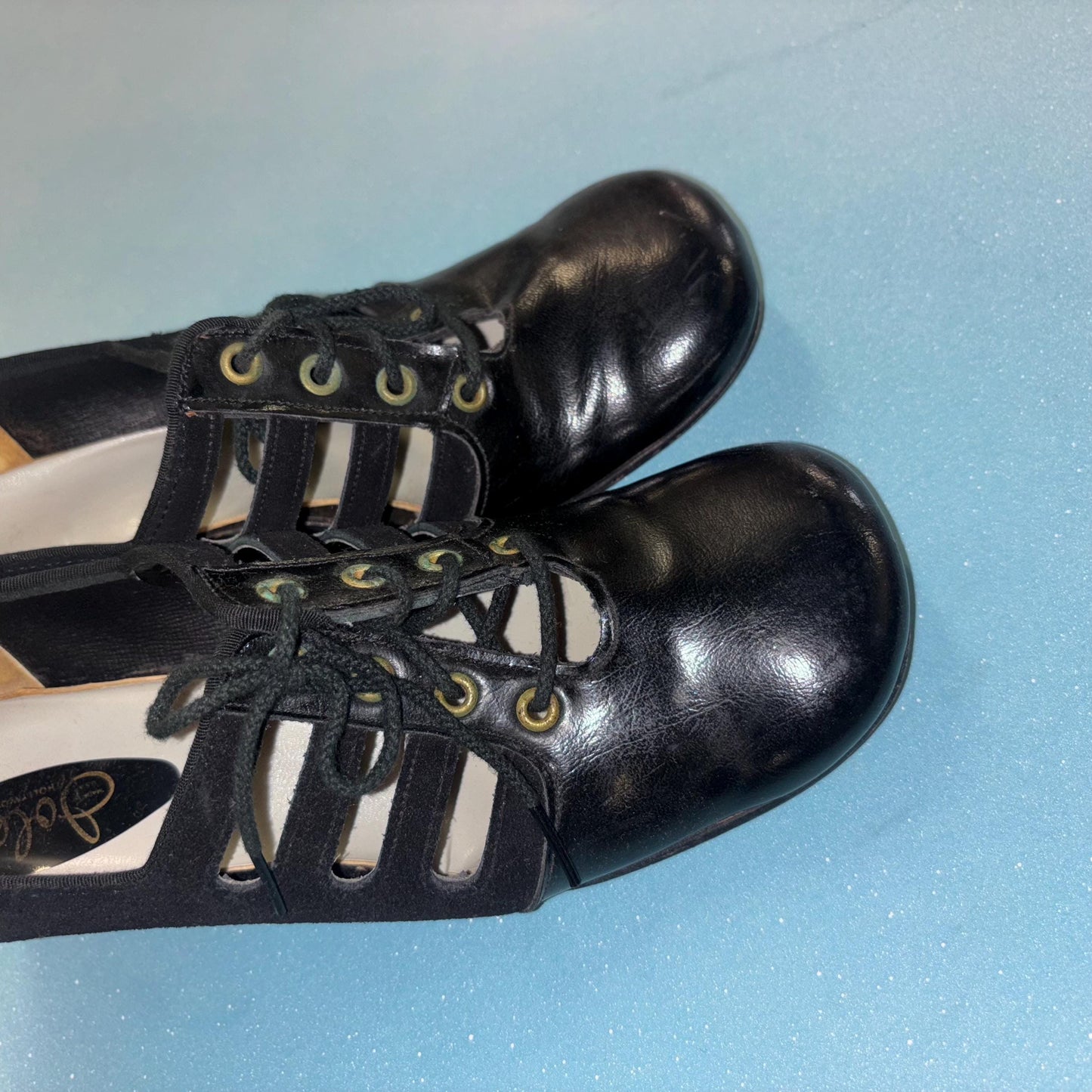 vtg 60s CUT OUT PUMPS // vintage mod black leather & suede chunky platform heels lace up retro stacked loafers soft goth wednesday addams