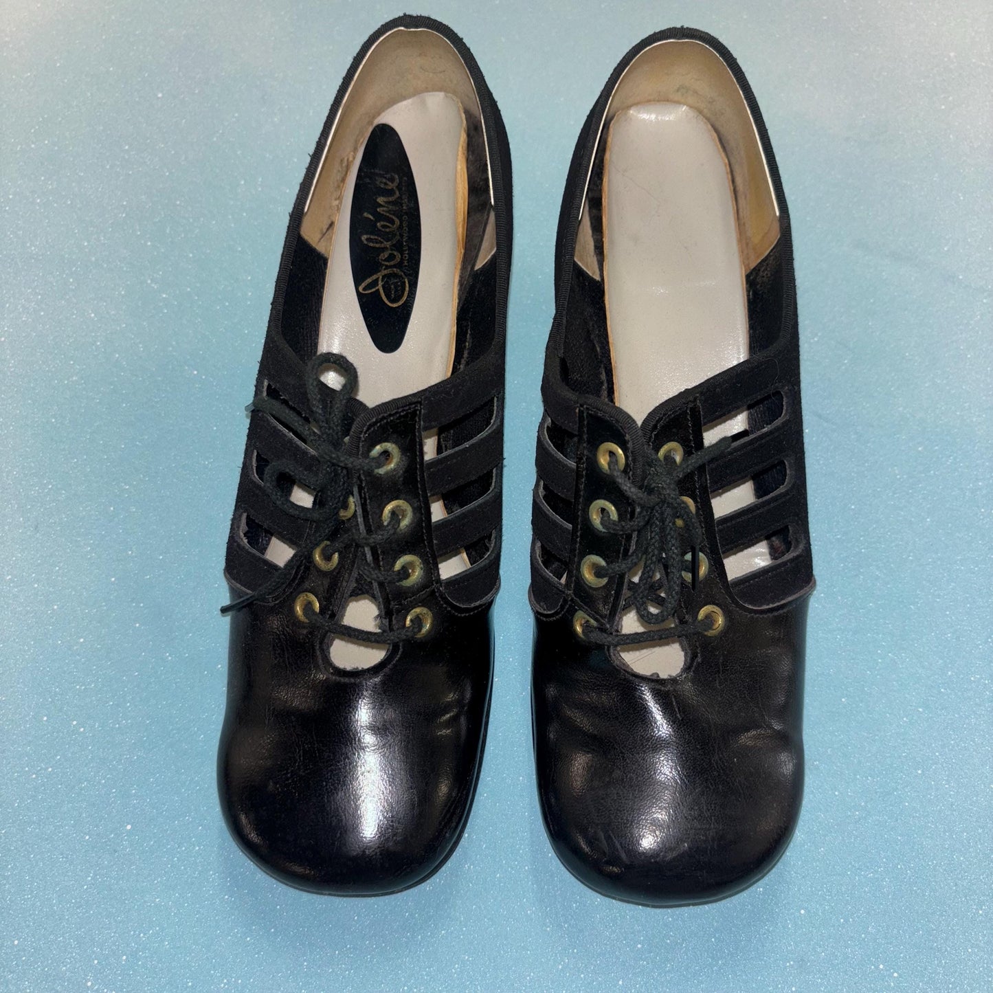 vtg 60s CUT OUT PUMPS // vintage mod black leather & suede chunky platform heels lace up retro stacked loafers soft goth wednesday addams