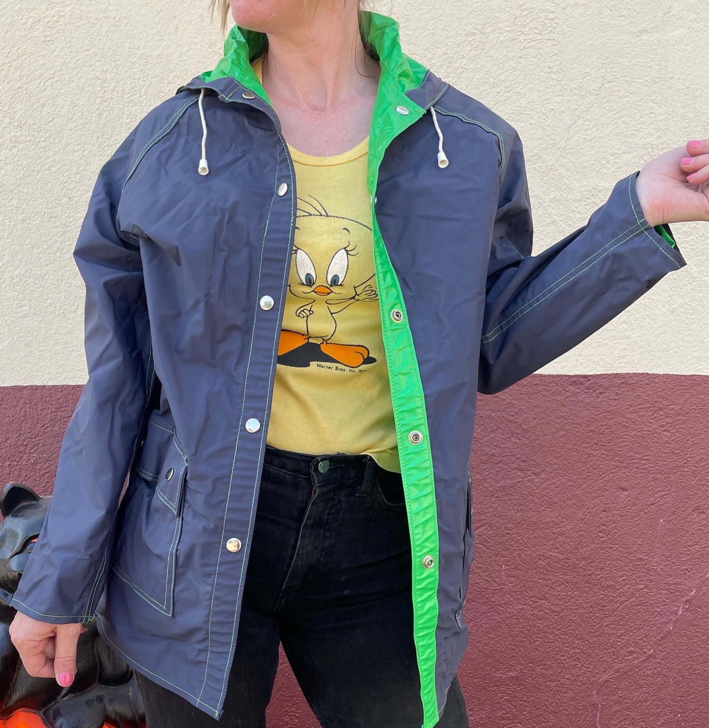 vtg 80s REVERSIBLE RAIN COAT // vintage bright green navy blue hooded neon pvc vinyl parka autumn fall swishy reflective halloween night