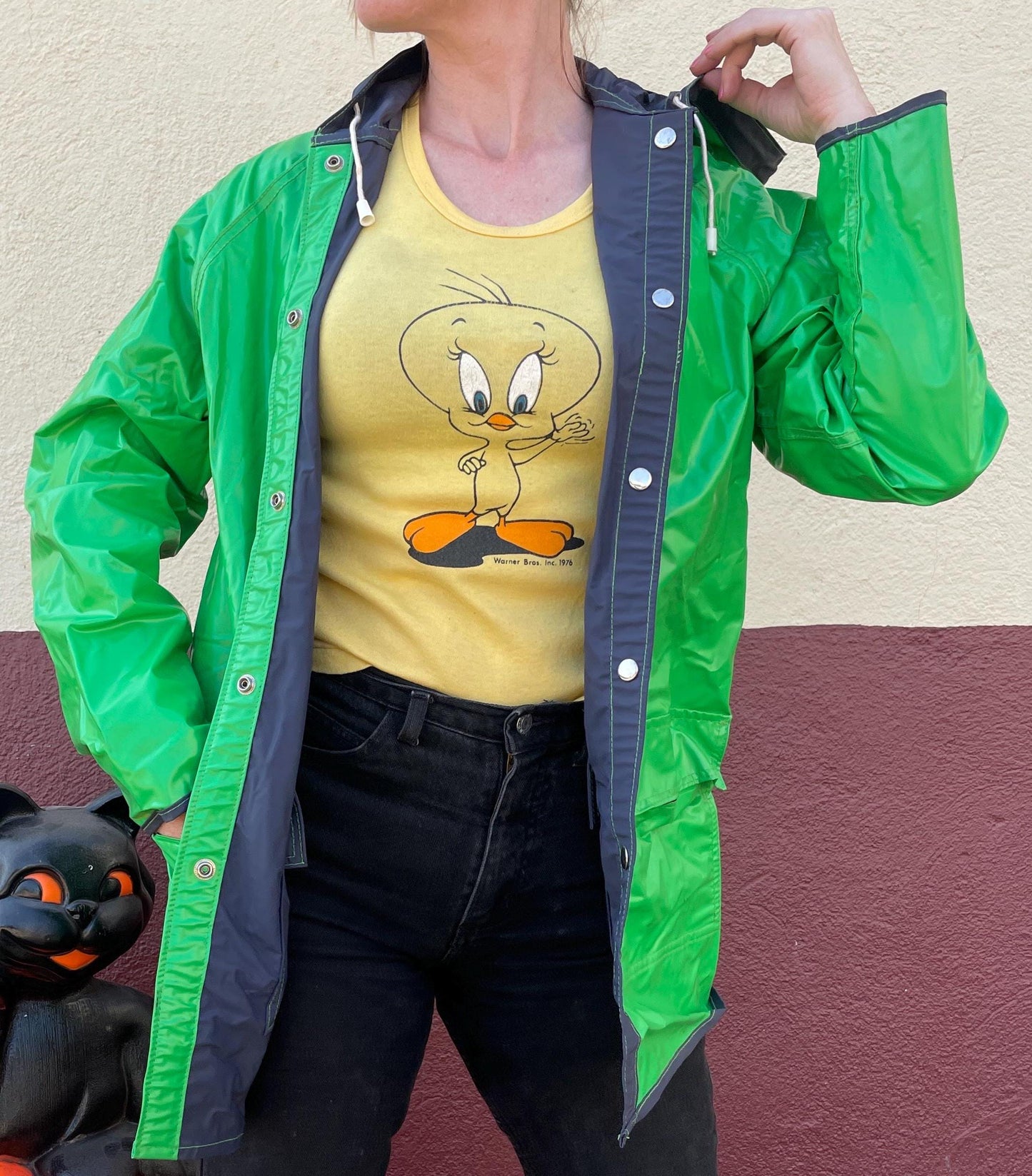 vtg 80s REVERSIBLE RAIN COAT // vintage bright green navy blue hooded neon pvc vinyl parka autumn fall swishy reflective halloween night