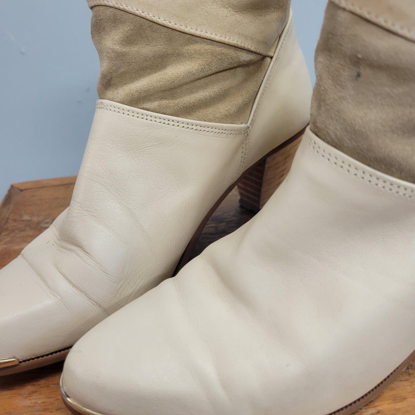 vtg 80s SUEDE DINGO BOOTS // vintage two tone leather slouchy chunky heel ankle boots striped pointy white booties stranger things mid calf