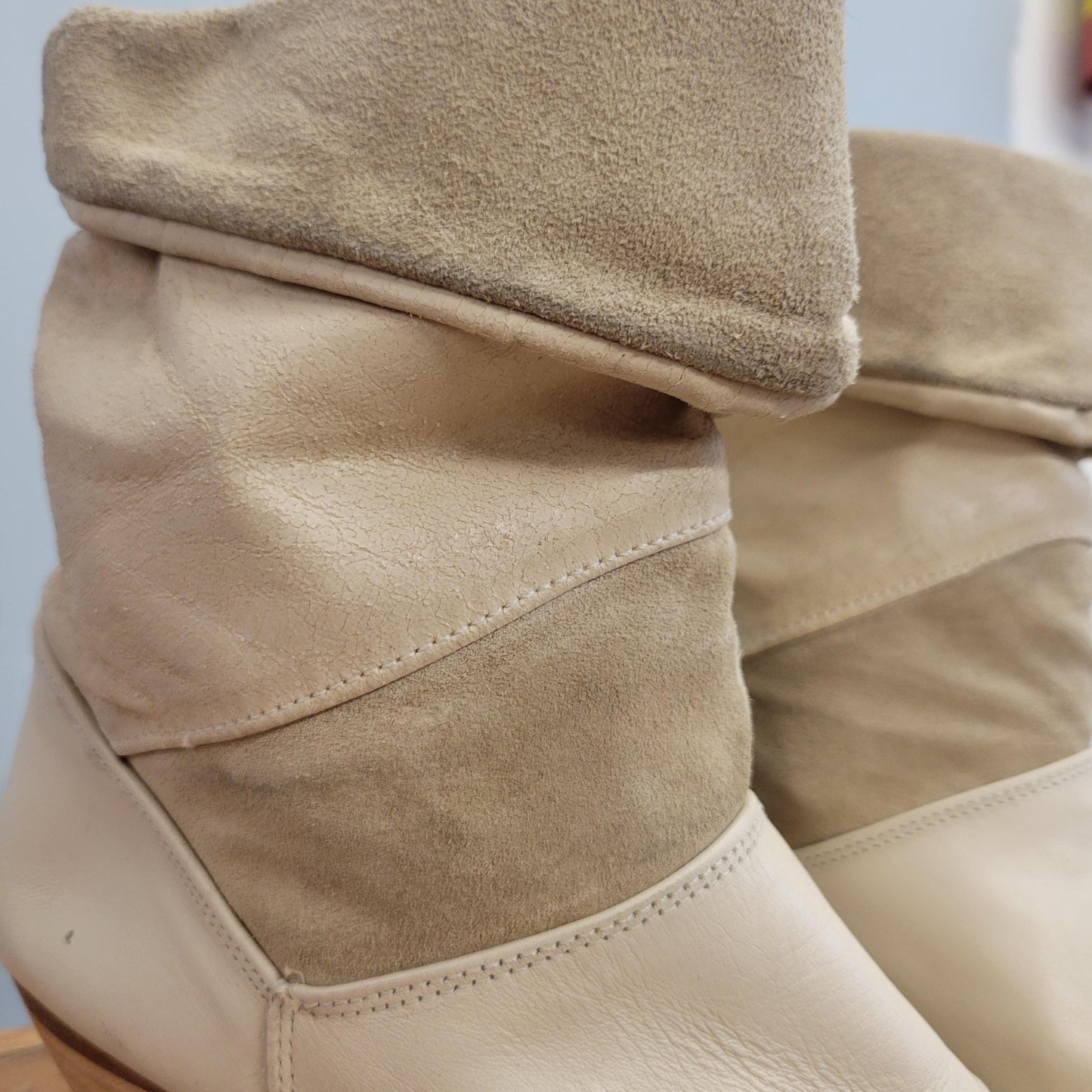 vtg 80s SUEDE DINGO BOOTS // vintage two tone leather slouchy chunky heel ankle boots striped pointy white booties stranger things mid calf