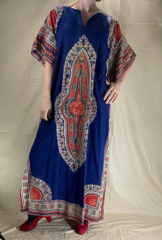 vtg 70s PSYCHEDELIC HIPPIE DRESS // vintage guru keyhole pattern angel sleeve long flowy americana tiki vacation festival bohemian style