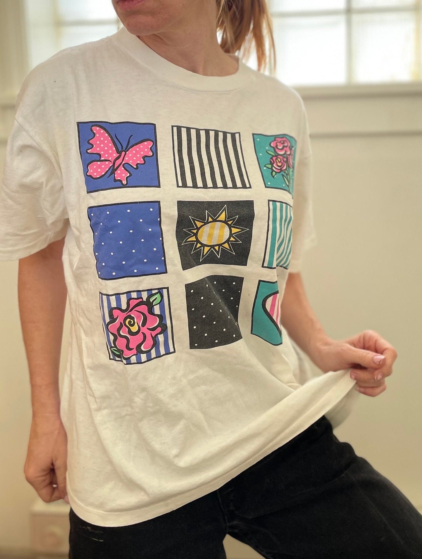 vtg 90s POP ART TSHIRT // vintaeg Jacques Moret geometric pattern spring butterfly graphic tee grunge cute beverly hills casual streetwear