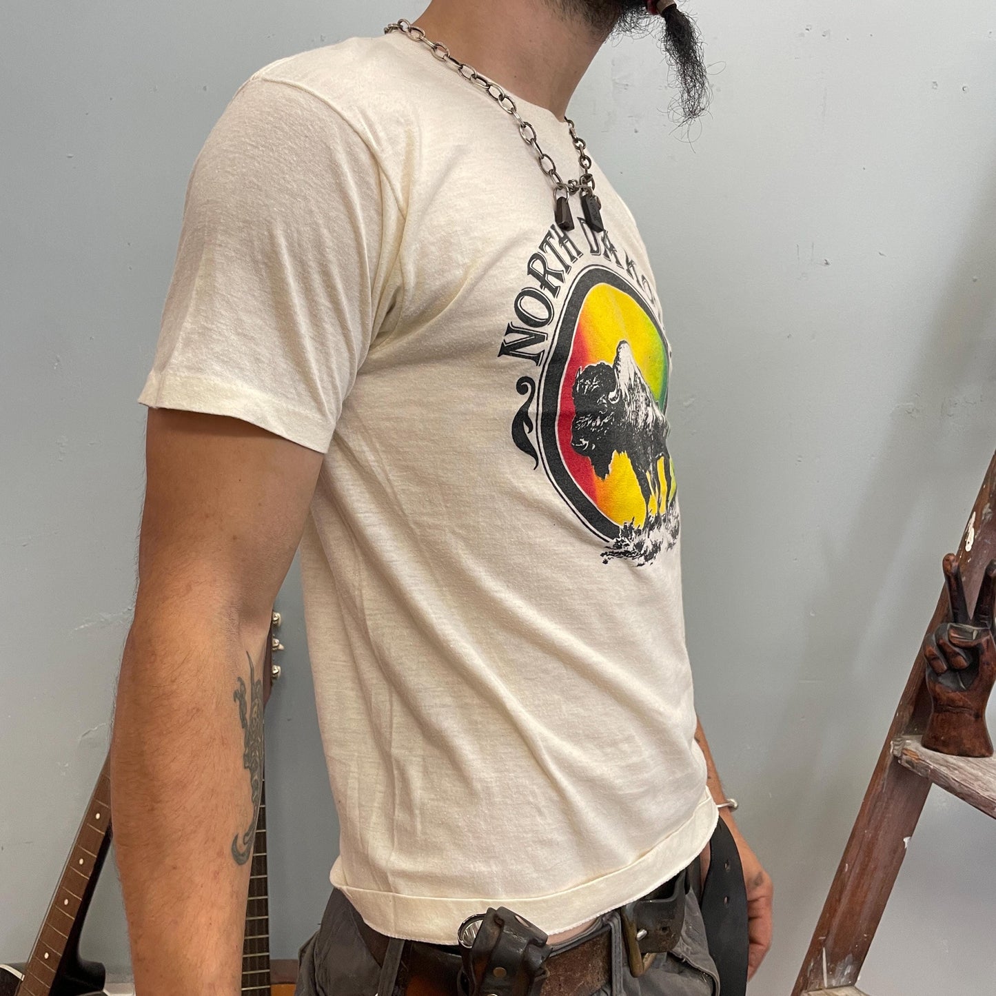 vtg 80s NORTH DAKOTA TSHIRT // vintage south screen stars thin bison buffalo heritage tourist destination camp retro style rainbow tee