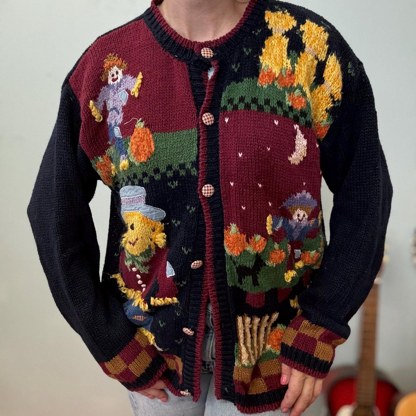 vtg 80s SCARECROW KNIT CARDIGAN // vintage hand knit autumn fall harvest scene halloween patterned soft sweater happy face eagles eye style