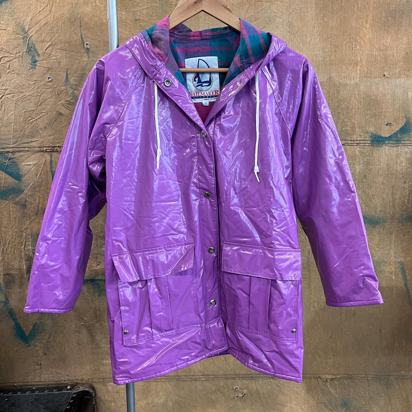 vtg 80s VINYL RAIN JACKET // vintage bright purple hooded autumn stranger things grunge pvc wet look shiny waterproof quilted parka plaid