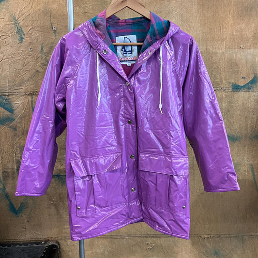 vtg 80s VINYL RAIN JACKET // vintage bright purple hooded autumn stranger things grunge pvc wet look shiny waterproof quilted parka plaid