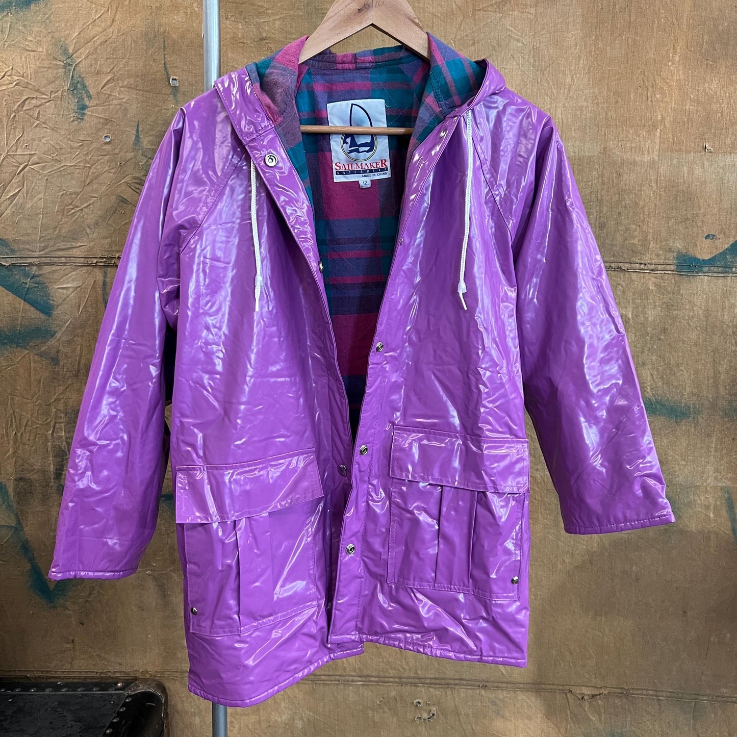vtg 80s VINYL RAIN JACKET // vintage bright purple hooded autumn stranger things grunge pvc wet look shiny waterproof quilted parka plaid