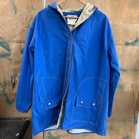 vtg WHALE PATTERN JACKET// vintage blue hooded whale lining autumn stranger things 90s grunge pvc shiny lightweight waterproof rainy parka