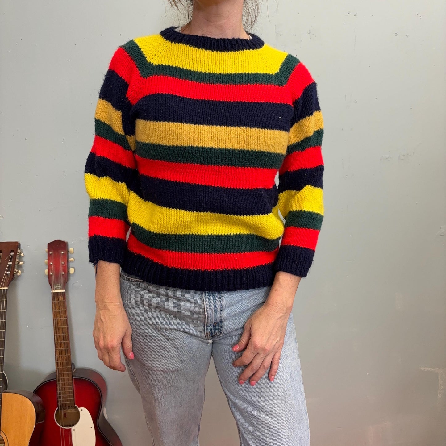 vtg 70s PRIMARY STRIPED SWEATER // vintage retro homemade chunky stripes bold contrasting acrylic cropped fitted cute school autumn style