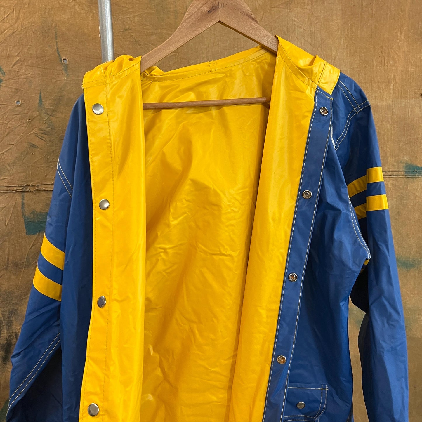 vtg 80s REVERSIBLE STRIPED JACKET // vintage yellow blue hooded autumn stranger things  pvc wet spielberg movie prop halloween pennywise
