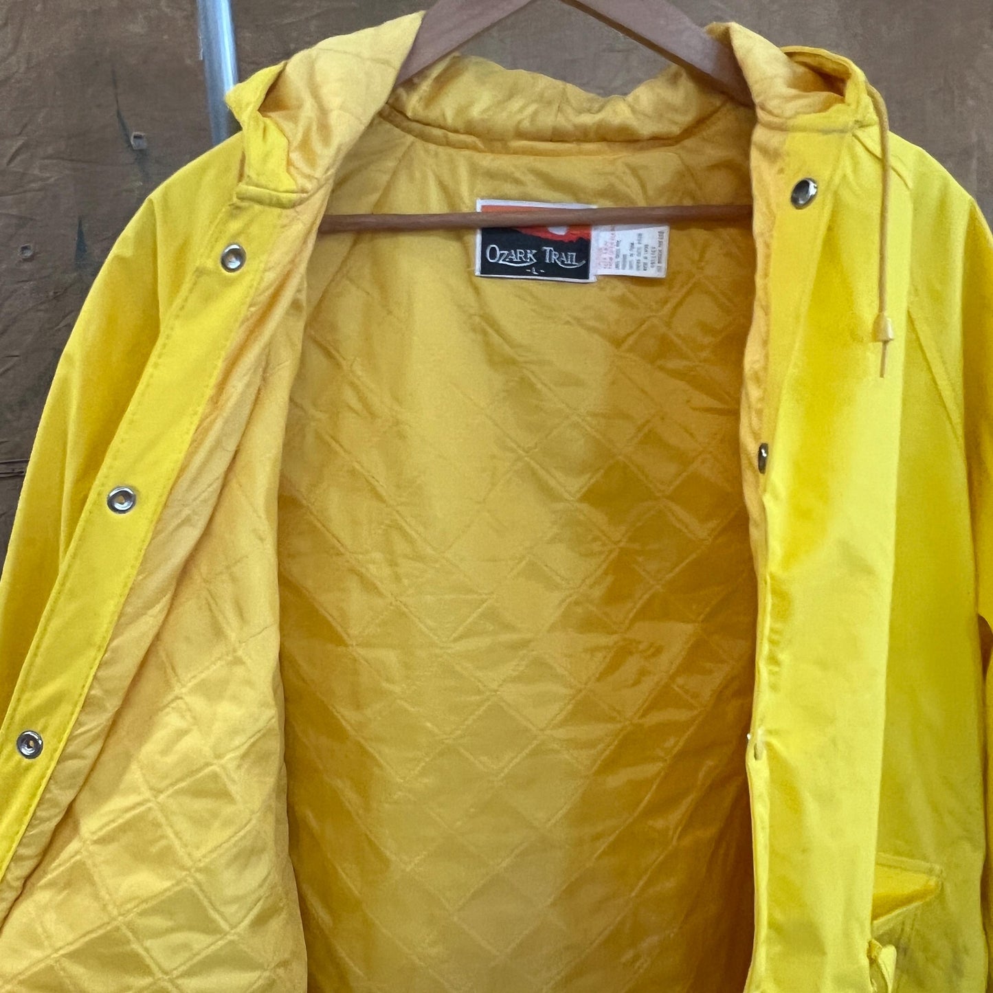 vtg 80s VINYL RAIN JACKET // vintage yellow lightly quilted hooded windbreaker autumn stranger things 90s grunge pvc wet shiny waterproof