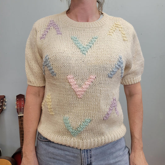 vtg CROPPED PASTEL SWEATER  // geometric print short sleeve chelsea place cute fairy kei multicolor purple all over print patterned top