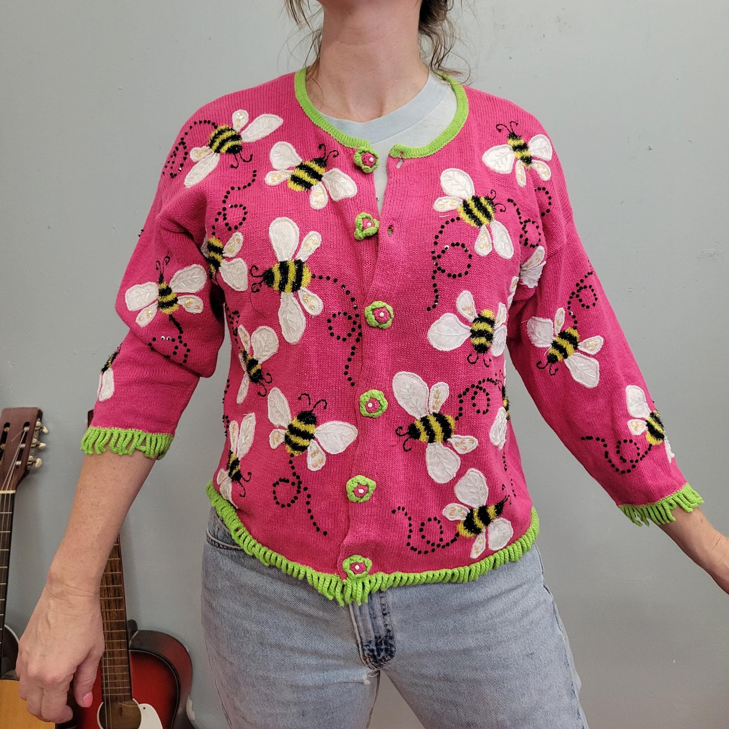 vtg Y2k SEQUIN BEE CARDIGAN // bright hot pink green trim all over print button up sweater by philip and jane gordan garden insect preppy