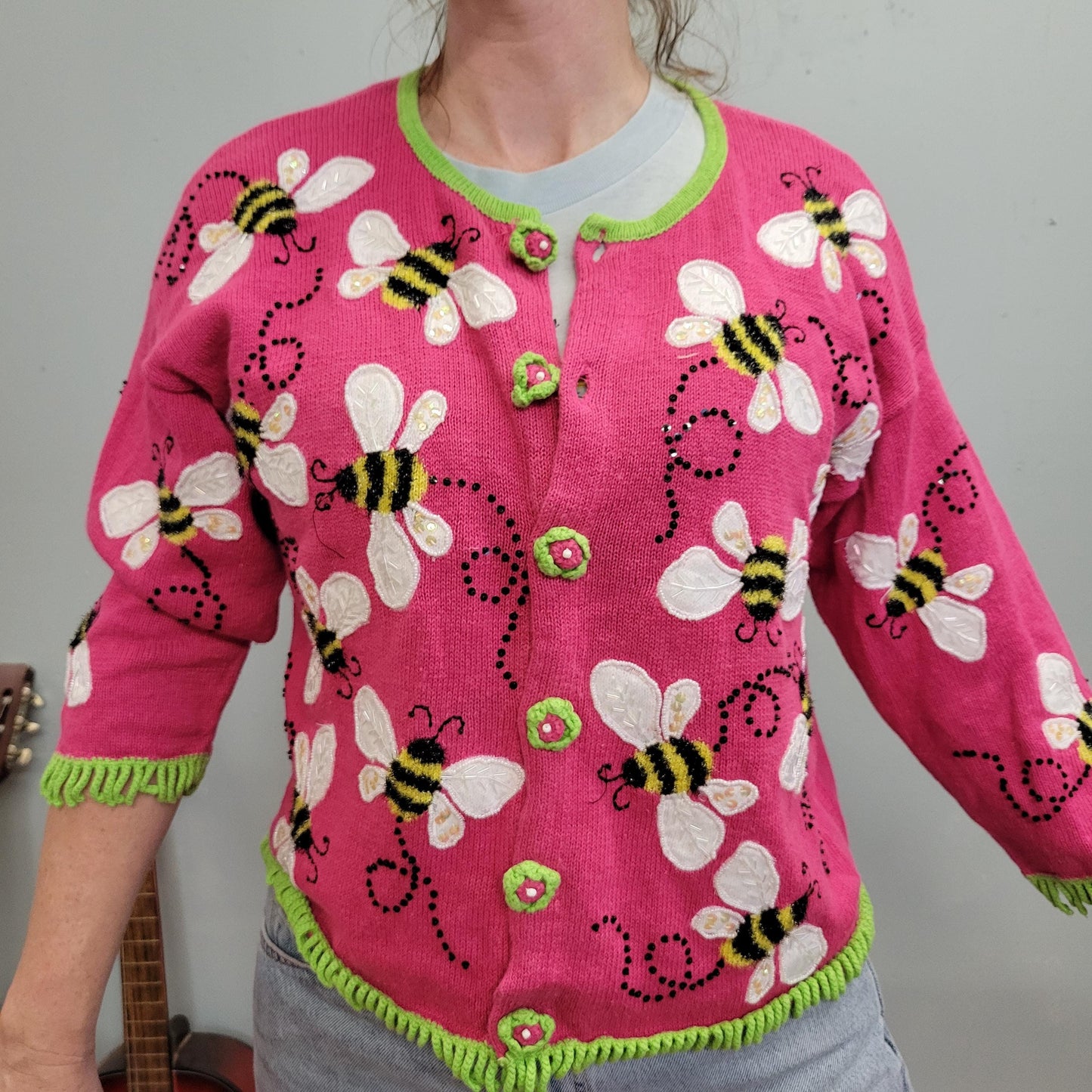 vtg Y2k SEQUIN BEE CARDIGAN // bright hot pink green trim all over print button up sweater by philip and jane gordan garden insect preppy