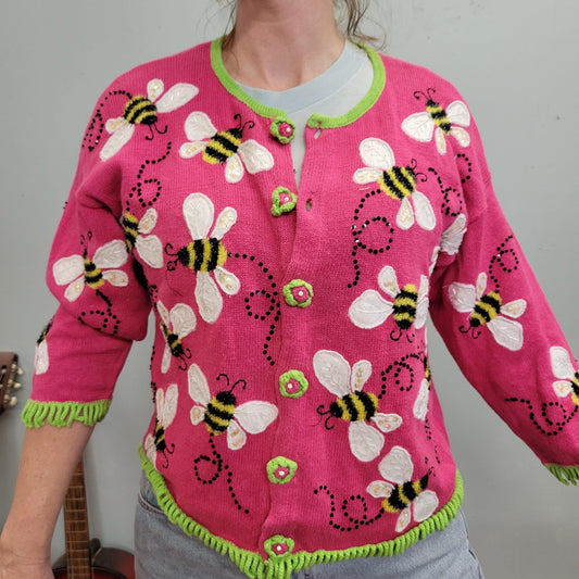 vtg Y2k SEQUIN BEE CARDIGAN // bright hot pink green trim all over print button up sweater by philip and jane gordan garden insect preppy