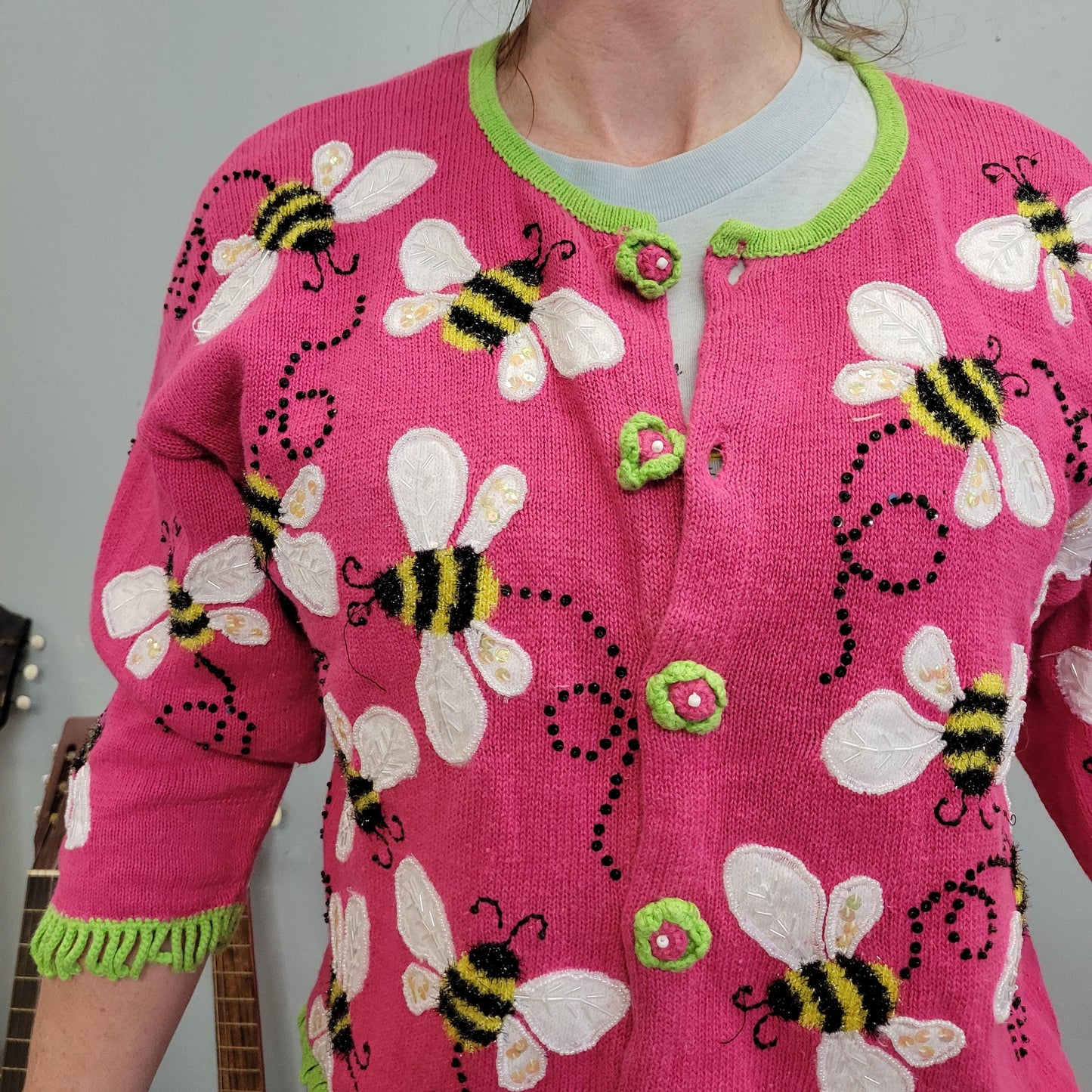 vtg Y2k SEQUIN BEE CARDIGAN // bright hot pink green trim all over print button up sweater by philip and jane gordan garden insect preppy