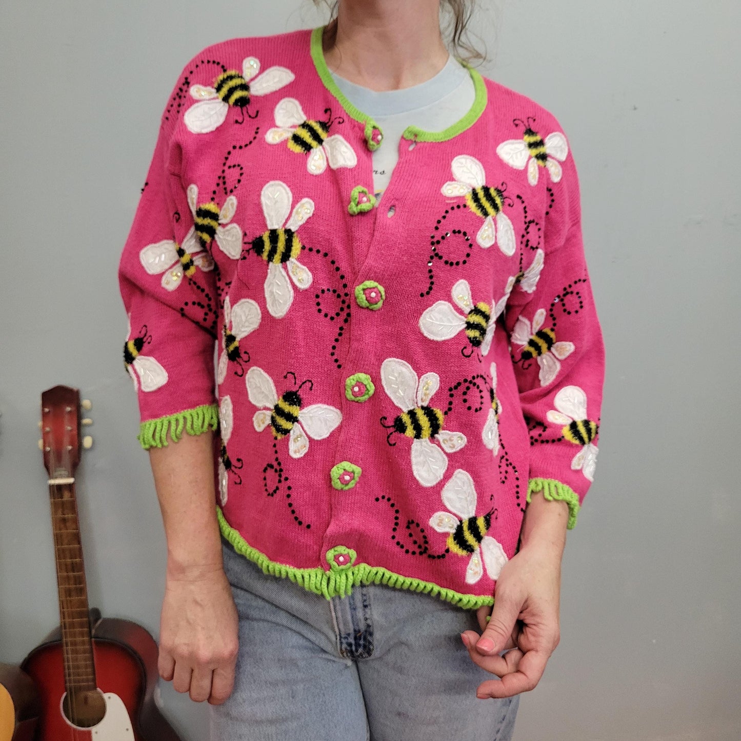 vtg Y2k SEQUIN BEE CARDIGAN // bright hot pink green trim all over print button up sweater by philip and jane gordan garden insect preppy