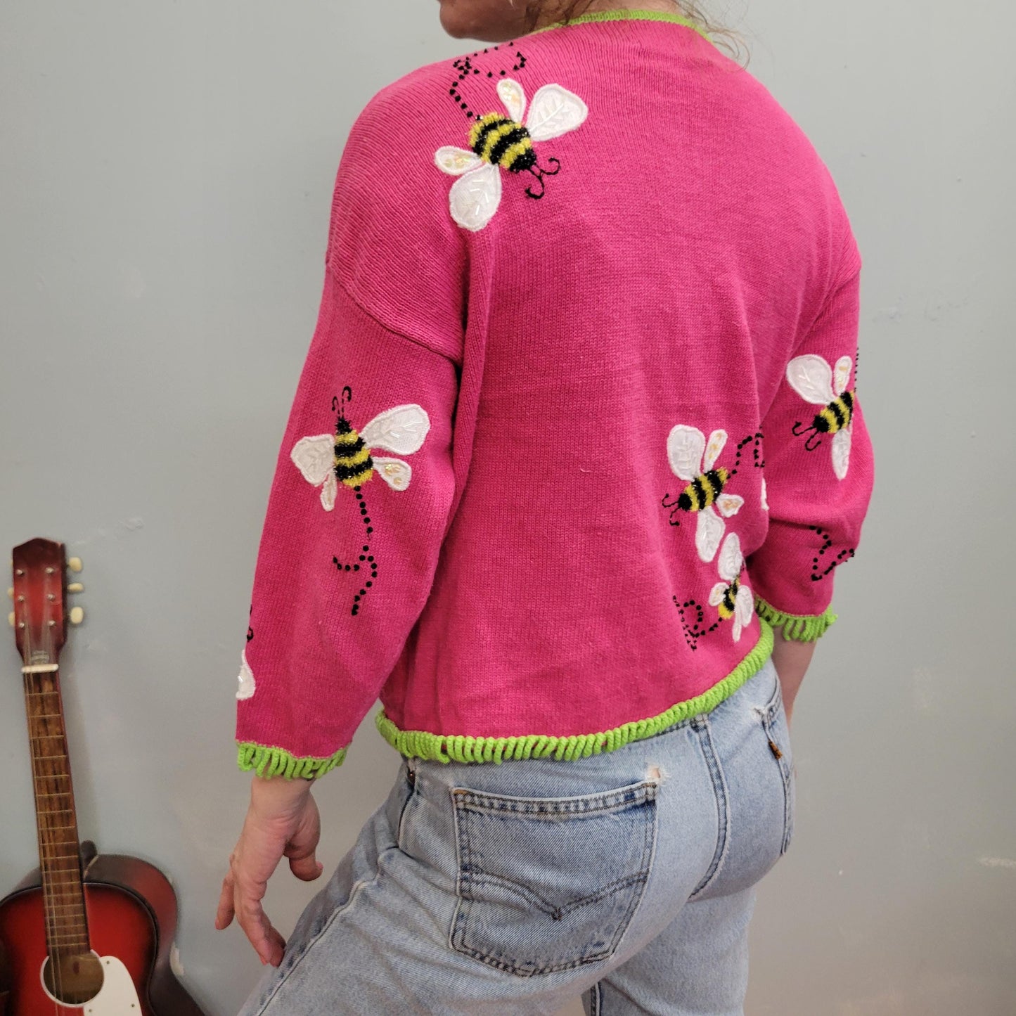 vtg Y2k SEQUIN BEE CARDIGAN // bright hot pink green trim all over print button up sweater by philip and jane gordan garden insect preppy