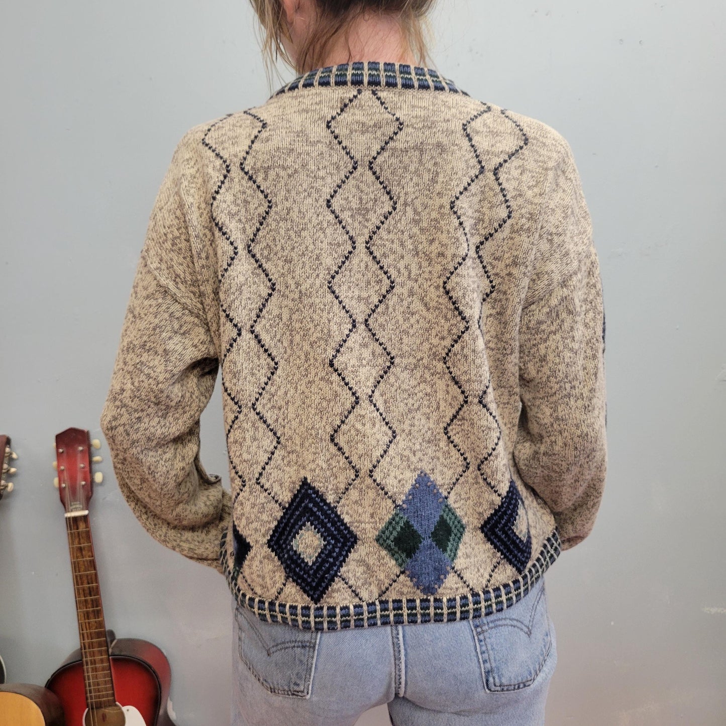 vtg 90s DIAMOND PRINT SWEATER // preppy argyle cable knit chunky checkered teacher cottage geometric pattern pullover jumper