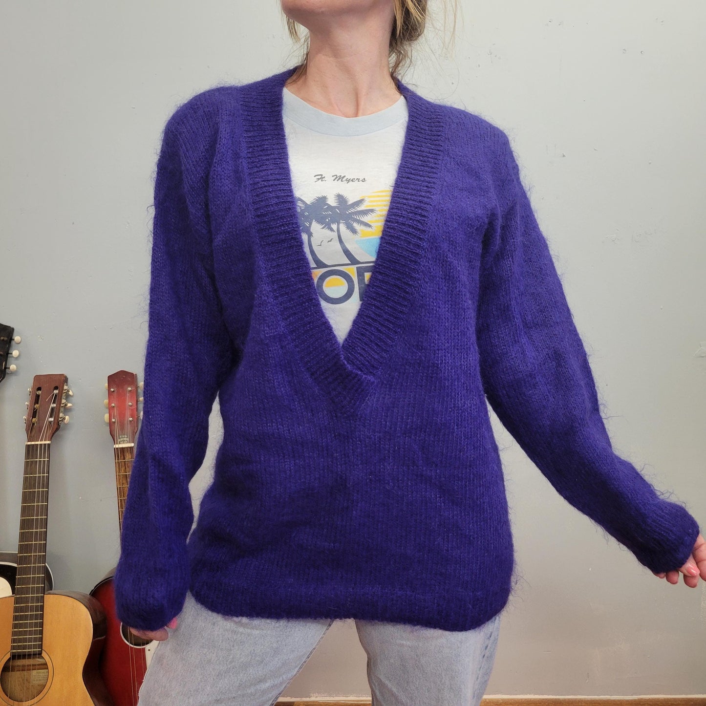 vtg 80s PURPLE MOHAIR CARDIGAN  // vintage chunky 90s oversized sweater deep V neck fuzzy autumn vibes slouchy comfy cozy casual retro style