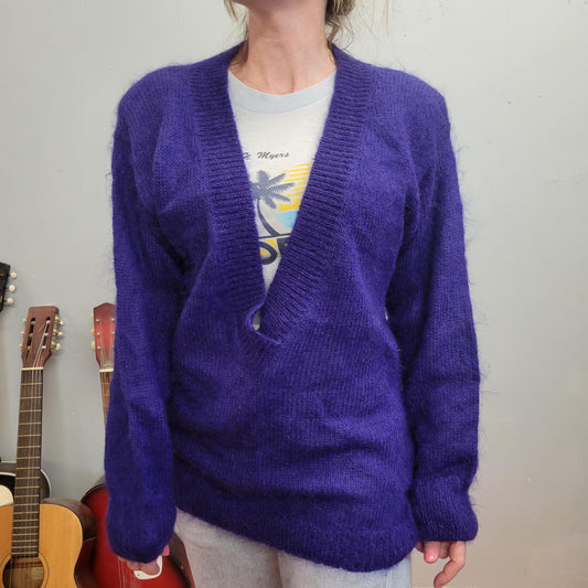 vtg 80s PURPLE MOHAIR CARDIGAN  // vintage chunky 90s oversized sweater deep V neck fuzzy autumn vibes slouchy comfy cozy casual retro style