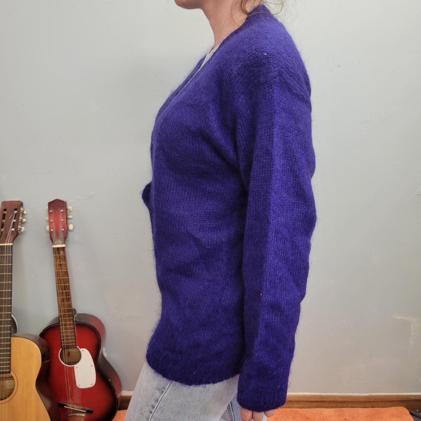 vtg 80s PURPLE MOHAIR CARDIGAN  // vintage chunky 90s oversized sweater deep V neck fuzzy autumn vibes slouchy comfy cozy casual retro style