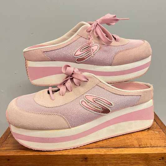 vtg y2k SKECHERS SPARKLE PLATFORMS // vintage womens pastel pink platform sneakers slip on stacked retro 90s delias style striped wedges