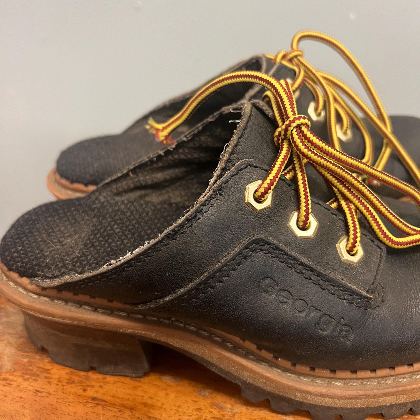 vtg 90s GEORGIA LOGGER BOOTS // vintage black leather lace up chunky clogs slip ons cute baby doll grunge style retro y2k slip dress biker