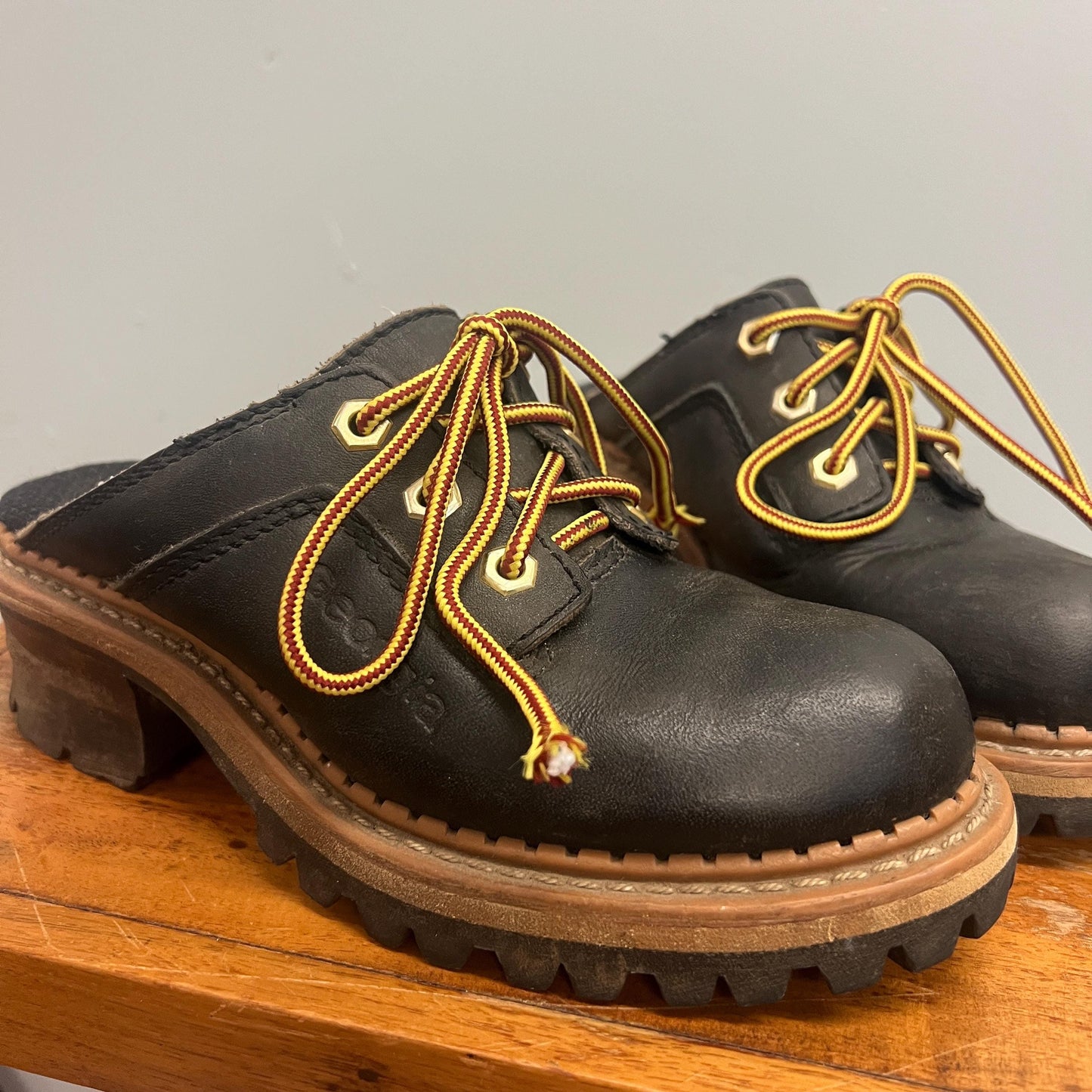 vtg 90s GEORGIA LOGGER BOOTS // vintage black leather lace up chunky clogs slip ons cute baby doll grunge style retro y2k slip dress biker