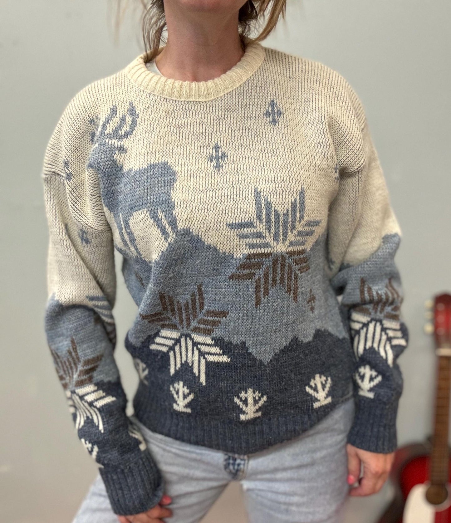 vtg 70s KNIT NORDIC SWEATER // vintage Le Tigre reindeer patterned snowy scene mountain print cute winter deer norway pastel snowflake