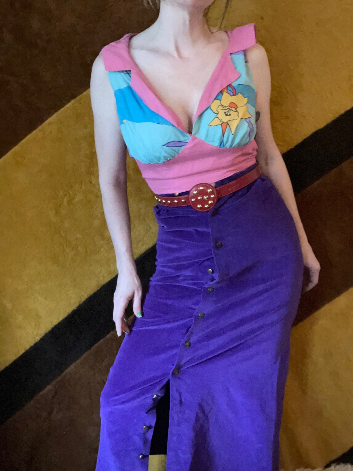 vtg 70s PATTERNED CROP TOP // vintage deep v neck psychedelic fairy hippie halter midriff retro playsuit beach pin up bombshell rockabilly