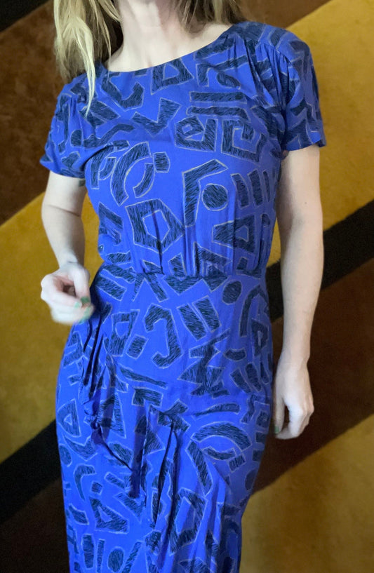 vtg 50s ABSTRACT PATTERNED RUFFLE Dress // vintage asymmetrical peplum cotton wiggle dress atomic 1940s bright blue casual secretary office
