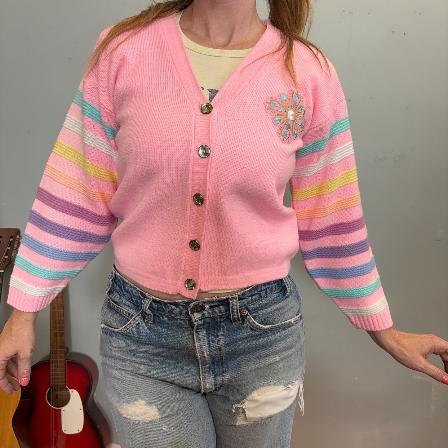 vtg 80s PASTEL STRIPED CARDIGAN // cute vintage girls rainbow striped baby pink cardigan bejeweled flower power lizzie mcguire spumoni fairy