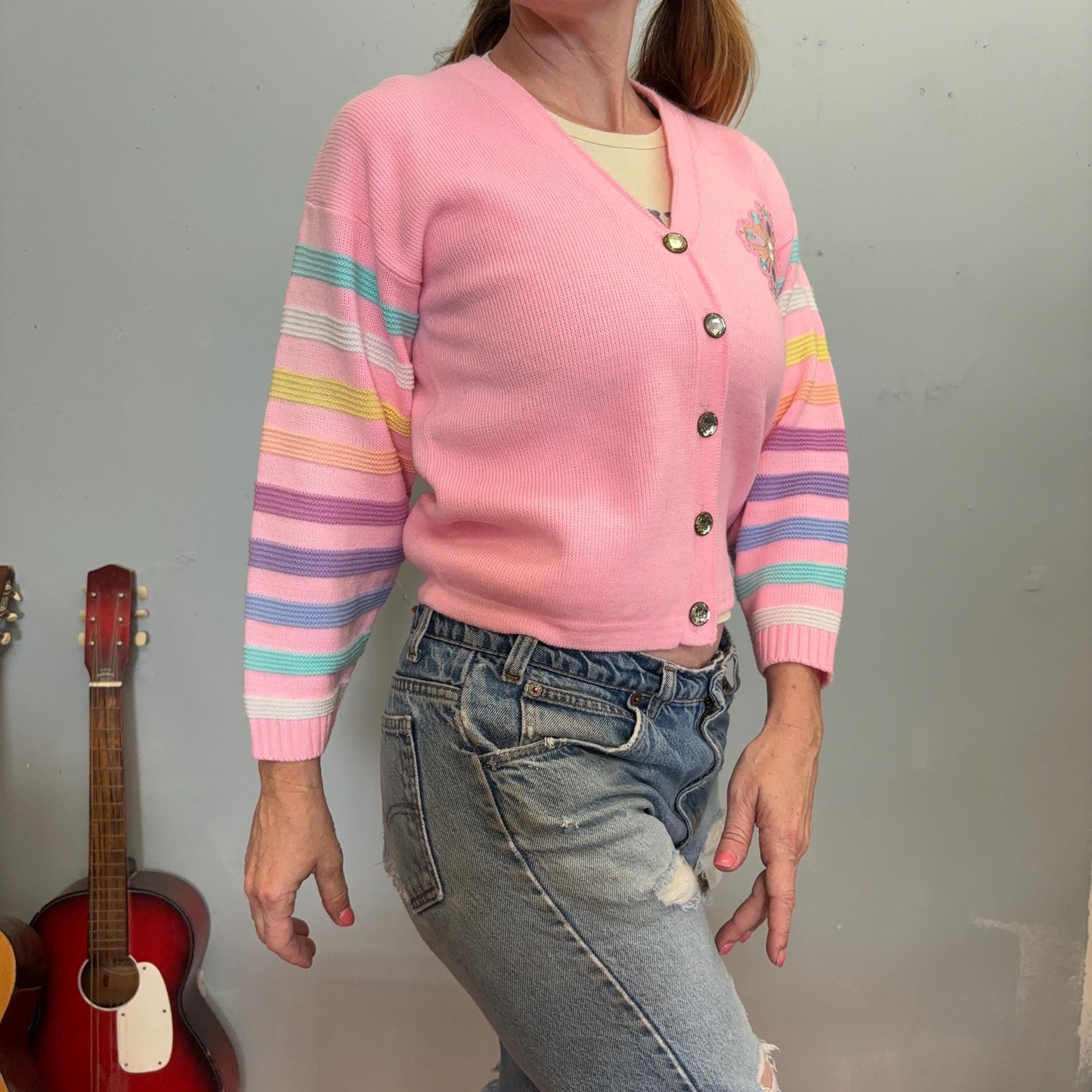 vtg 80s PASTEL STRIPED CARDIGAN // cute vintage girls rainbow striped baby pink cardigan bejeweled flower power lizzie mcguire spumoni fairy