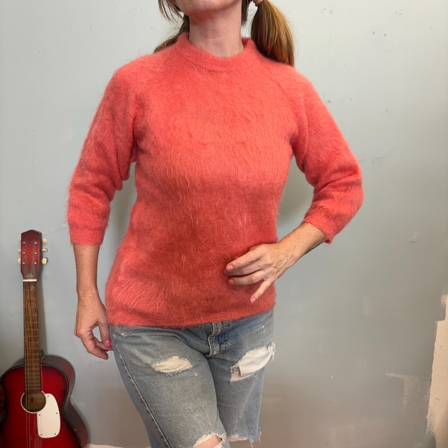vtg 70s PINK MOHAIR SWEATER // vintage wool cute fuzzy pastel 3/4 sleeve long fit solid cozy retro bright funky eclectic style teacher autum