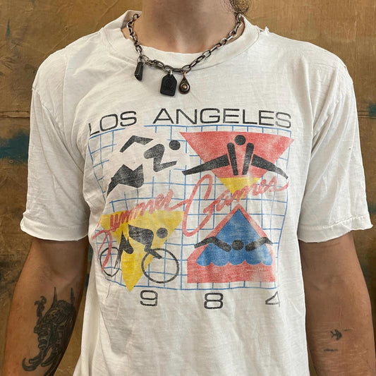vtg 1984 SUMMER GAMES TSHIRT // vintage california los angeles olympics 80s soviet boycott games distressed faded white tee official merch
