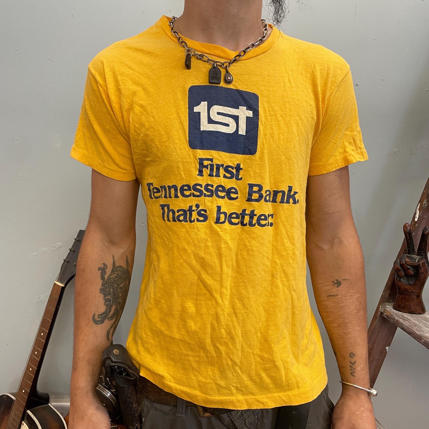 vtg 70s FIRST TENNESSEE BANK tshirt // vintage hanes yellow nashville memphis ozark usa athletic camp tee style fit fashion soft cotton tee