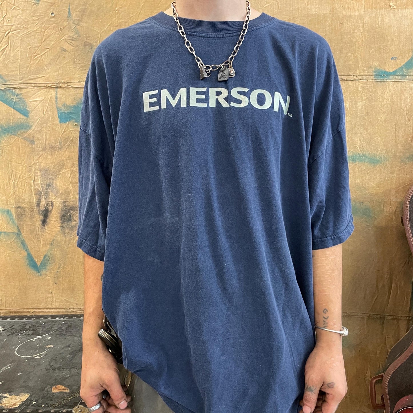 vtg 90s EMERSON AUDIO TSHIRT // vintage tee blue home stereo equiptment music sound speakers bass electronics cd dvd blueray promo tee
