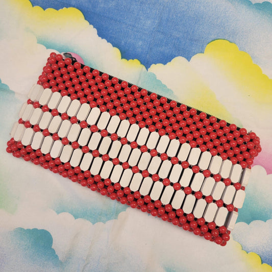 vtg 40s BEADED RED CLUTCH // vintage wooden & plastic beads lego style telephone cord purse handheld bag mod cute retro mcm 1930s slinky bag
