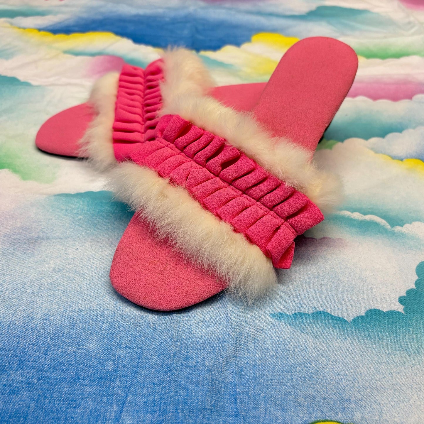 vtg 50s ANGORA TRIM SLIPPERS // pin up fur slippers textured satin and rabbit fur slip on shoes sexy hollywood glam dressing robe lingerie