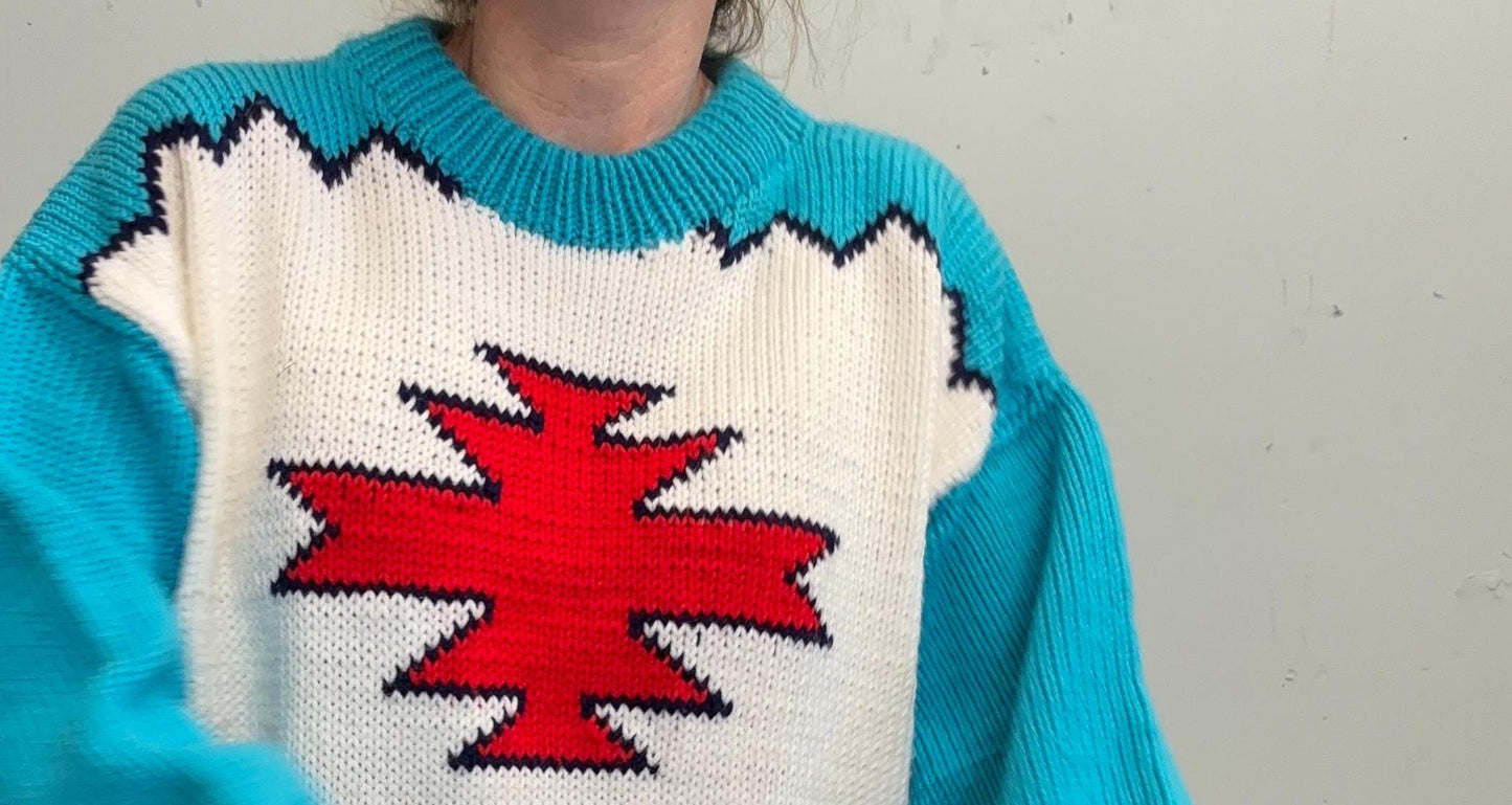vtg 70s PENDLETON STYLE KNIT Sweater // vintage robins egg blue red aztec southwestern pattern chunky knit geometric print hand knit pop art