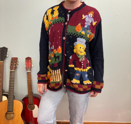 vtg 80s SCARECROW KNIT CARDIGAN // vintage hand knit autumn fall harvest scene halloween patterned soft sweater happy face eagles eye style