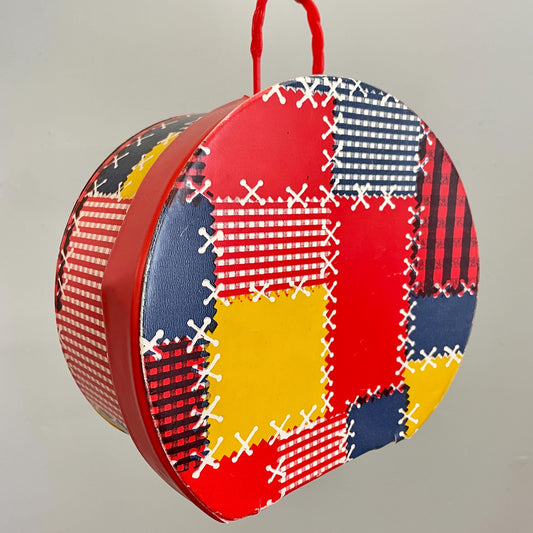 vtg 60s VINYL PATCHWORK HANDBAG // vintage primary colors hard case top handle wig case mod retro geometric pattern circle purse train case
