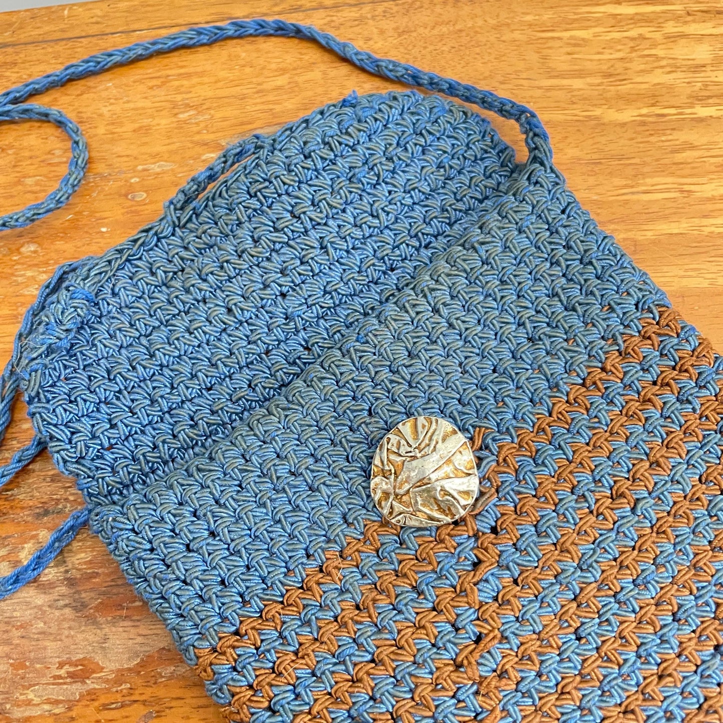vtg 1930s CROSSBODY BAG // vintage antique crochet tight stitch pouch day purse blue orange chevron hand knit art deco 1920s flapper style